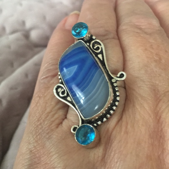BLUE BOTSWANA AGATE BLUE TOPAZ SZ 9 LADIES’ RING - Picture 1 of 5